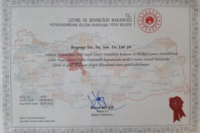 Isı Pay Ölçer Kalorimetre Sayaç Okuma Yetki Belgesi